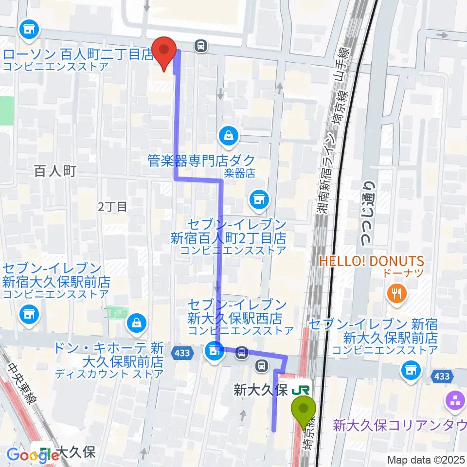 STUDIO VIRTUOSIの最寄駅新大久保駅からの徒歩ルート（約6分）地図