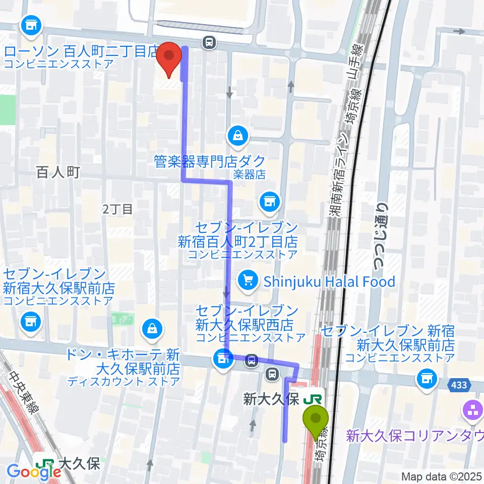 STUDIO VIRTUOSIの最寄駅新大久保駅からの徒歩ルート（約6分）地図
