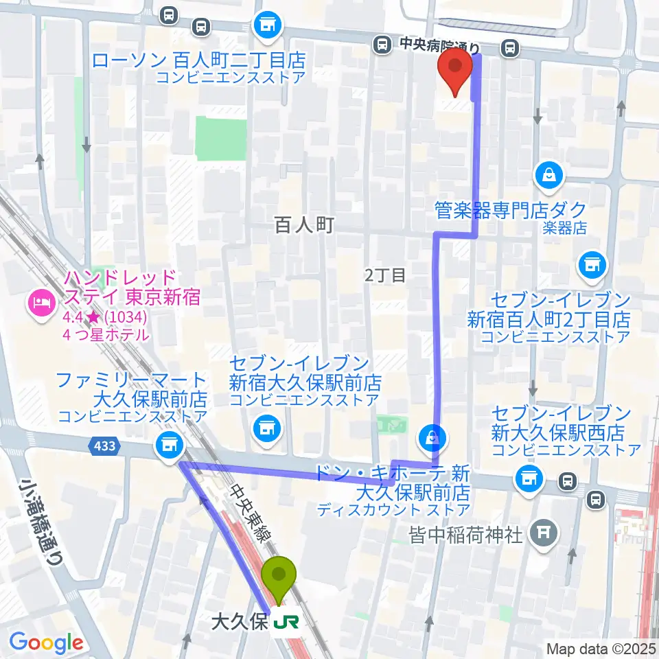 大久保駅からSTUDIO VIRTUOSIへのルートマップ地図