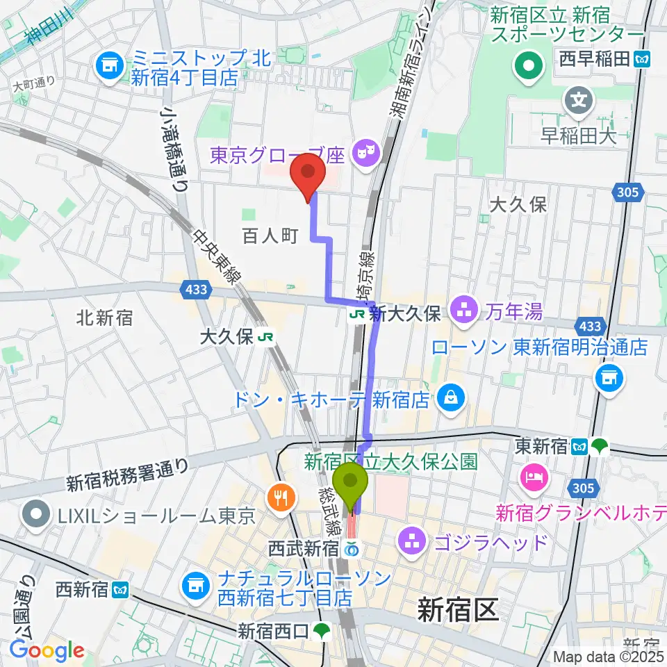 西武新宿駅からSTUDIO VIRTUOSIへのルートマップ地図