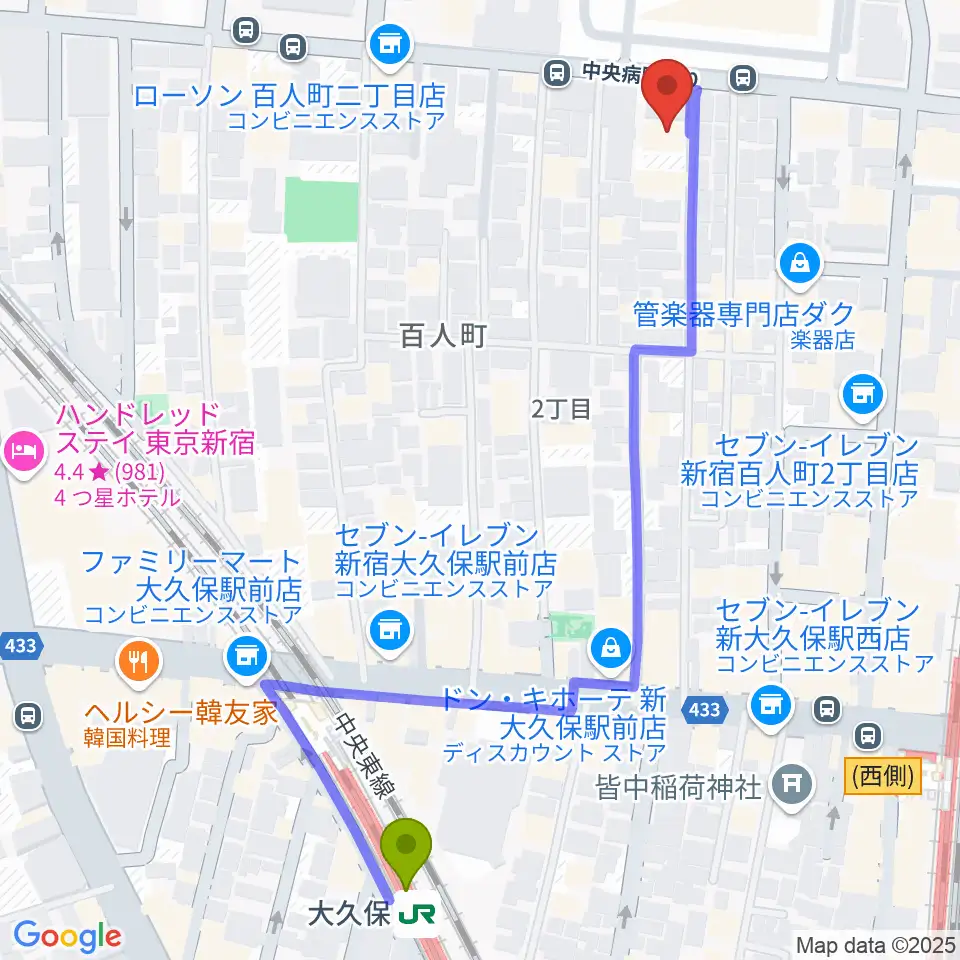 大久保駅からスタジオ ヴィルトゥオージへのルートマップ MDATA 大久保駅からスタジオ ヴィルトゥオージへのルートマップ MDATA