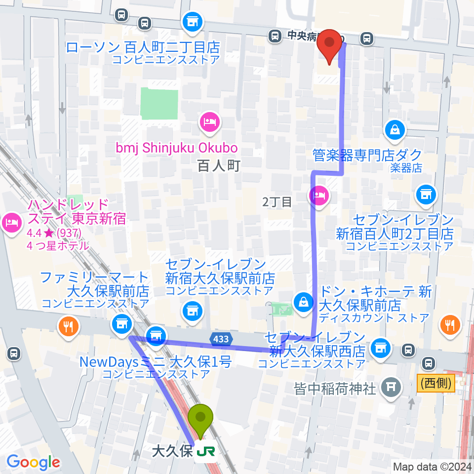 大久保駅からスタジオ ヴィルトゥオージへのルートマップ地図