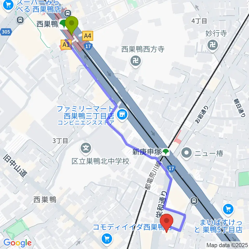 西巣鴨駅からスタジオフォーへのルートマップ地図