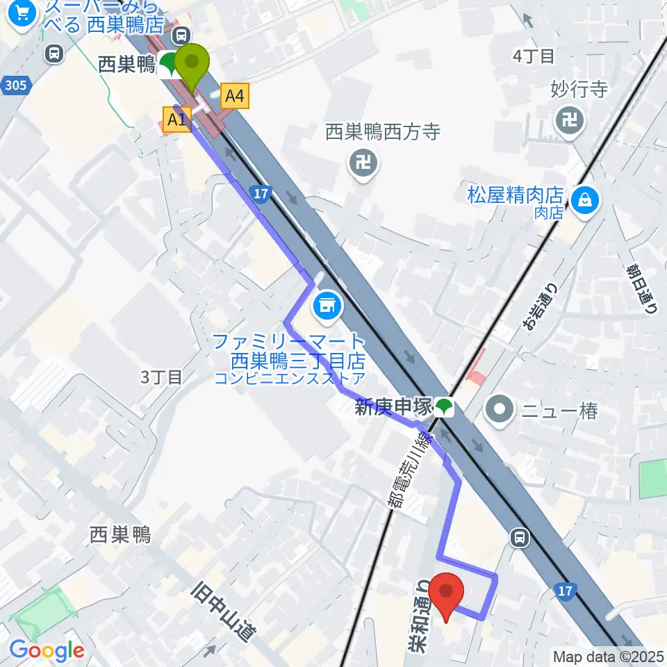 西巣鴨駅からスタジオフォーへのルートマップ地図