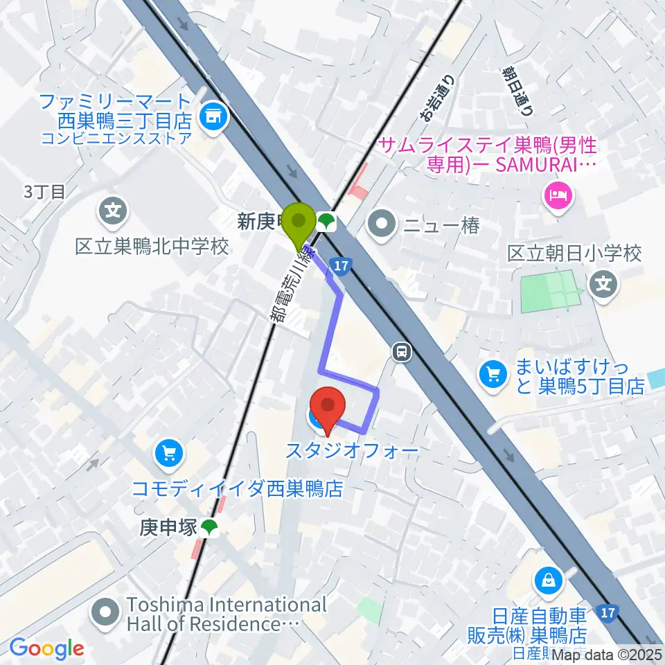 新庚申塚駅からスタジオフォーへのルートマップ地図