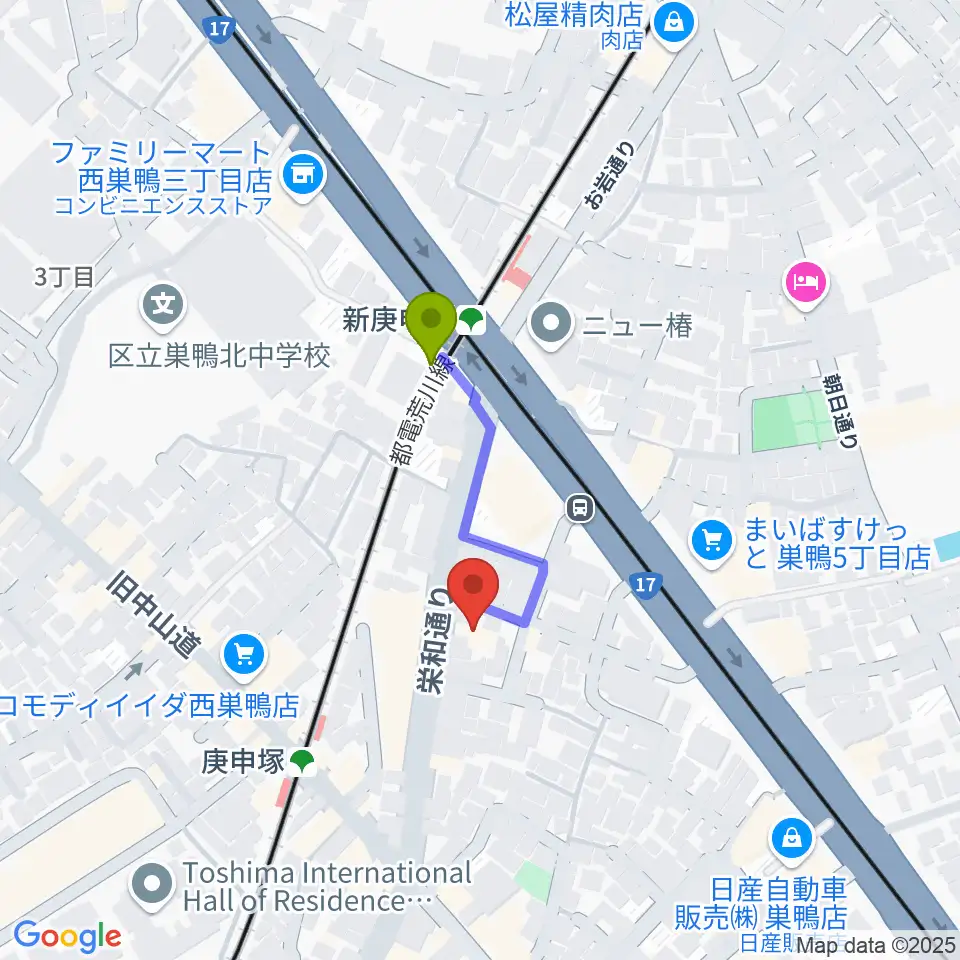 新庚申塚駅からスタジオフォーへのルートマップ地図