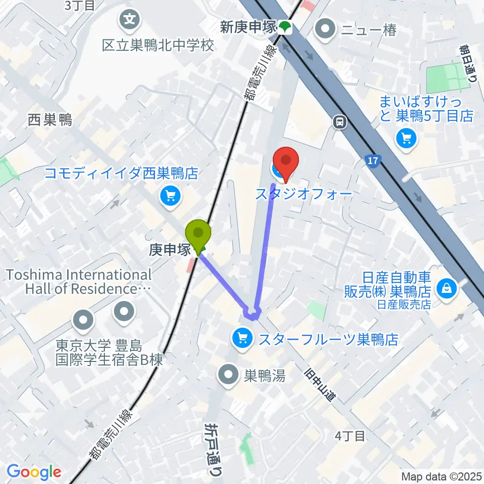 スタジオフォーの最寄駅庚申塚駅からの徒歩ルート（約2分）地図