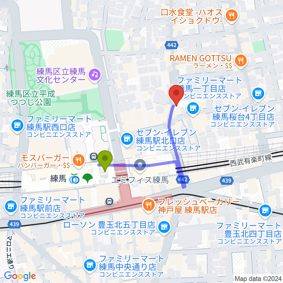 スタジオマザーハウス練馬店の最寄駅練馬駅からの徒歩ルート（約3分）地図