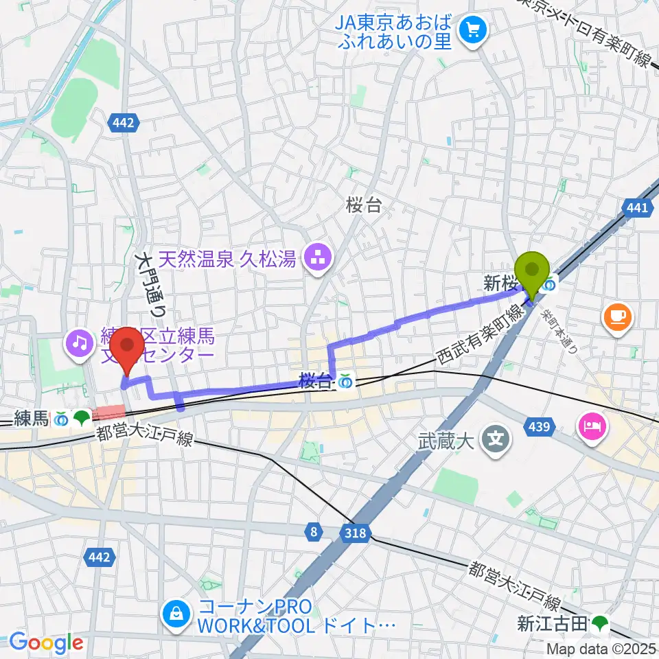 新桜台駅からスタジオマザーハウス練馬店へのルートマップ地図
