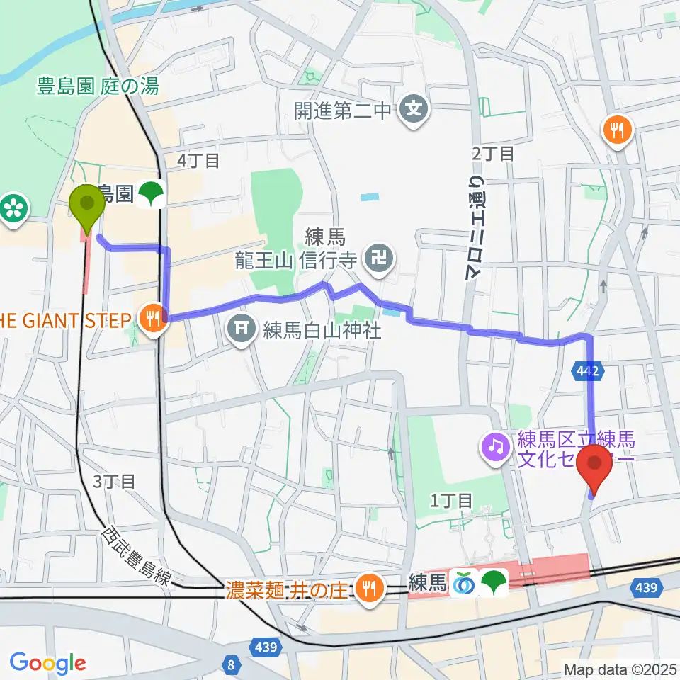 豊島園駅からスタジオマザーハウス練馬店へのルートマップ地図