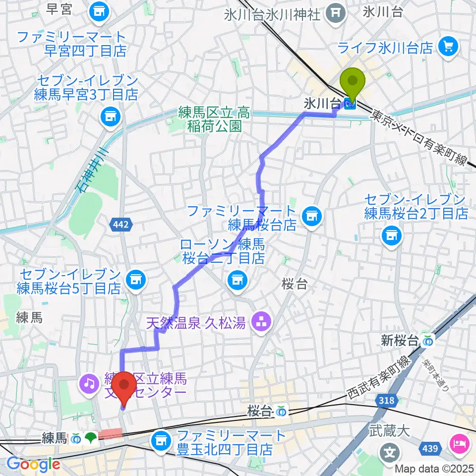 氷川台駅からスタジオマザーハウス練馬店へのルートマップ地図