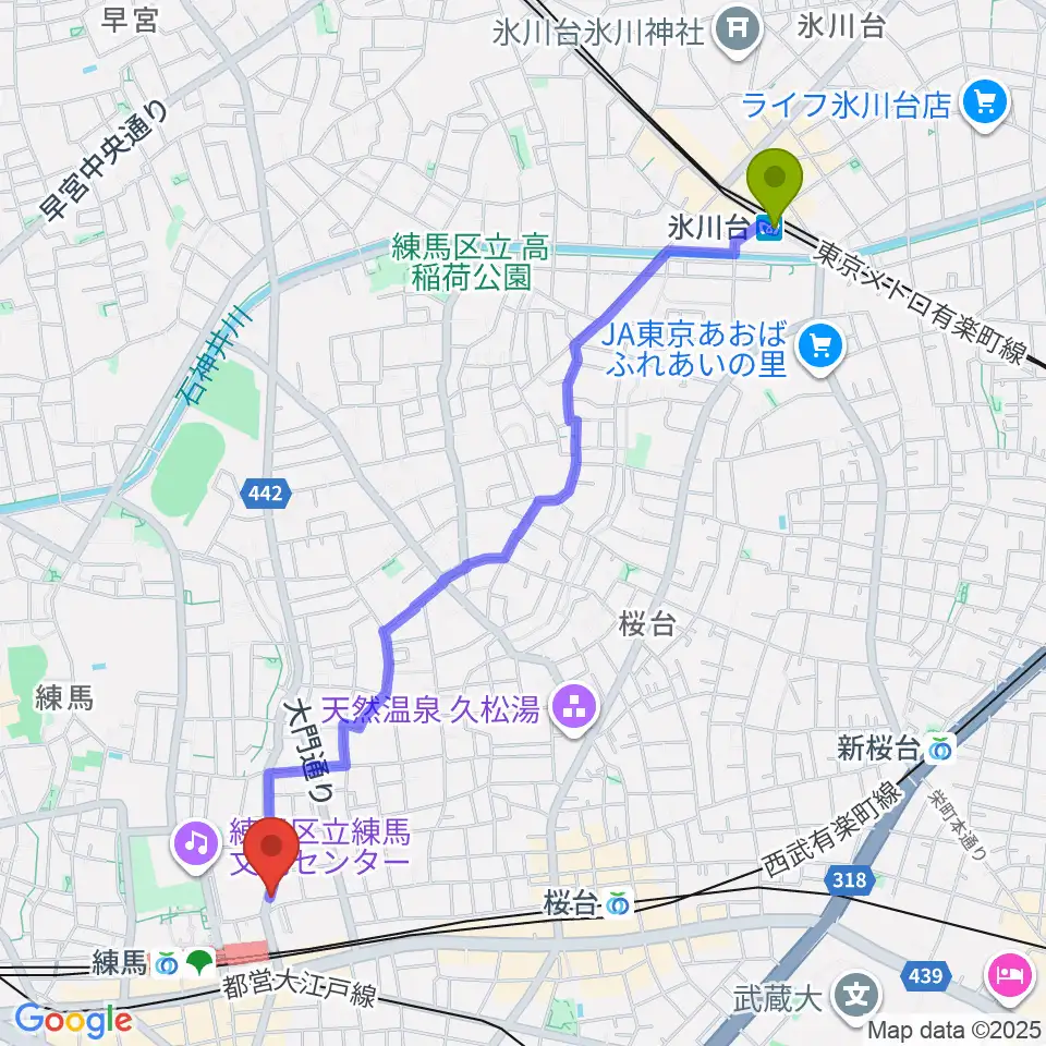 氷川台駅からスタジオマザーハウス練馬店へのルートマップ地図