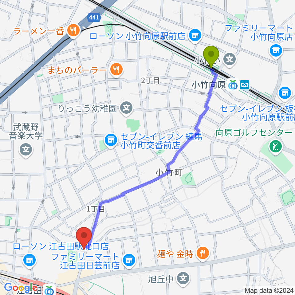 小竹向原駅からスタジオマザーハウス江古田店へのルートマップ地図