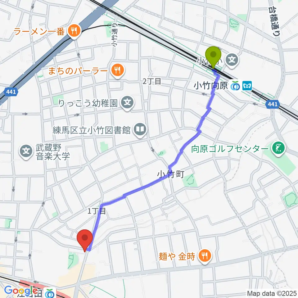 小竹向原駅からスタジオマザーハウス江古田店へのルートマップ地図