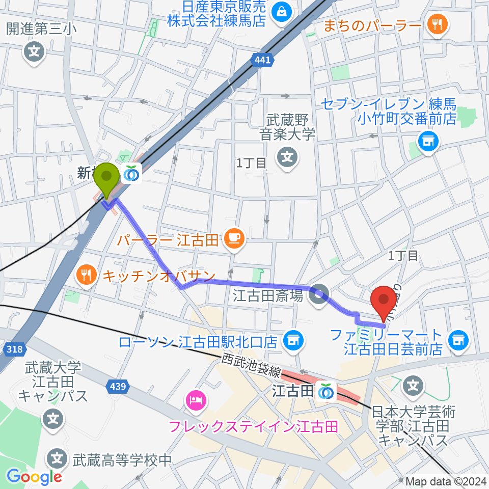 新桜台駅からスタジオマザーハウス江古田店へのルートマップ地図