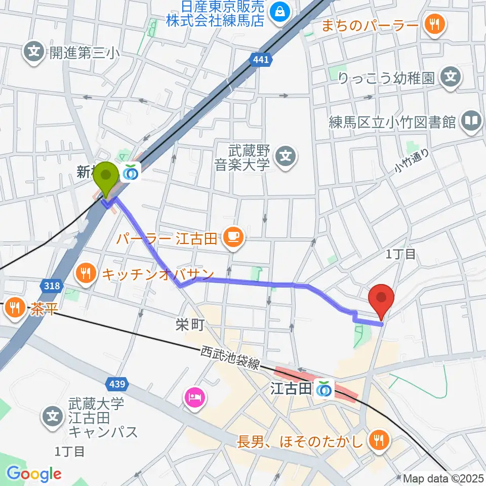 新桜台駅からスタジオマザーハウス江古田店へのルートマップ地図