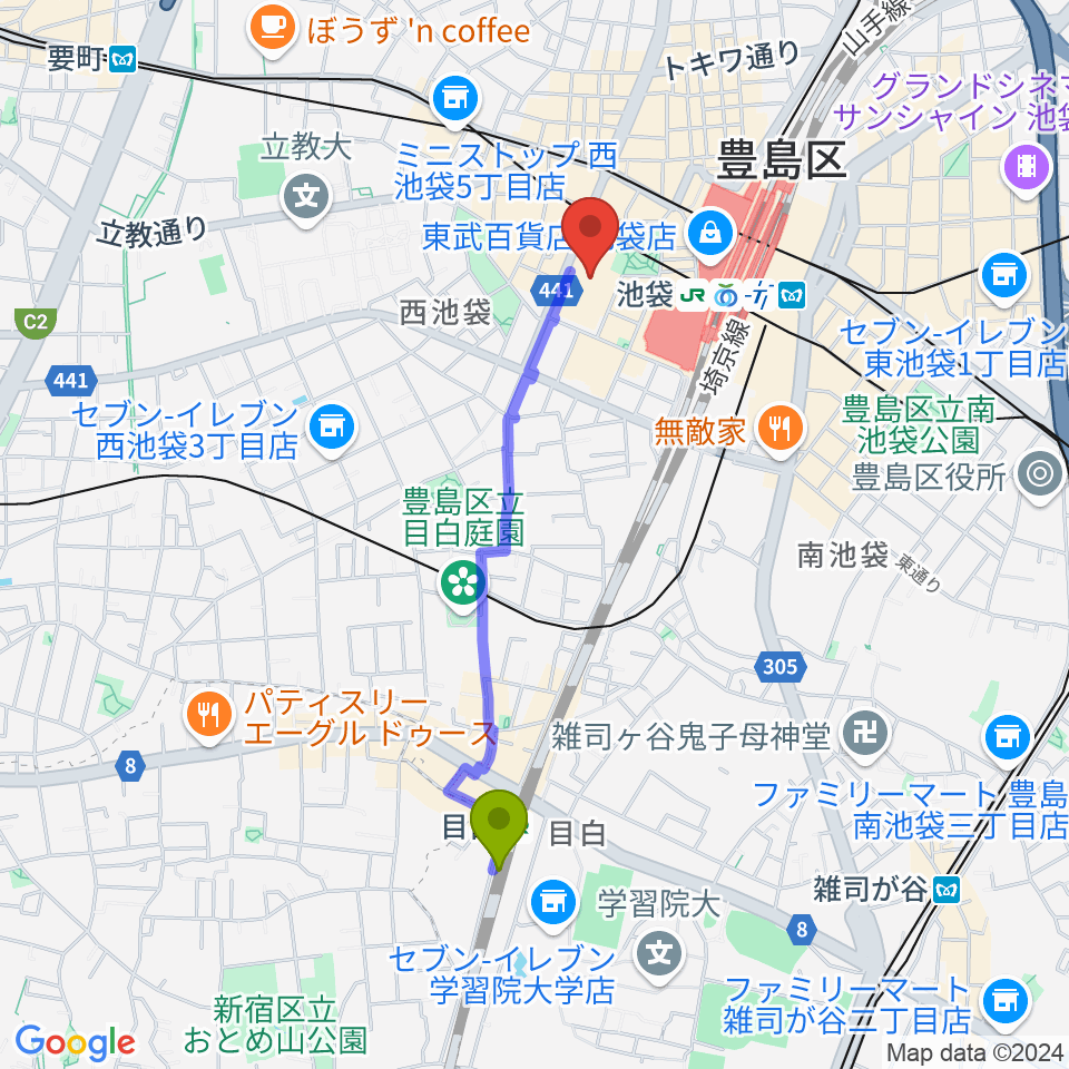 目白駅から東京芸術劇場へのルートマップ地図