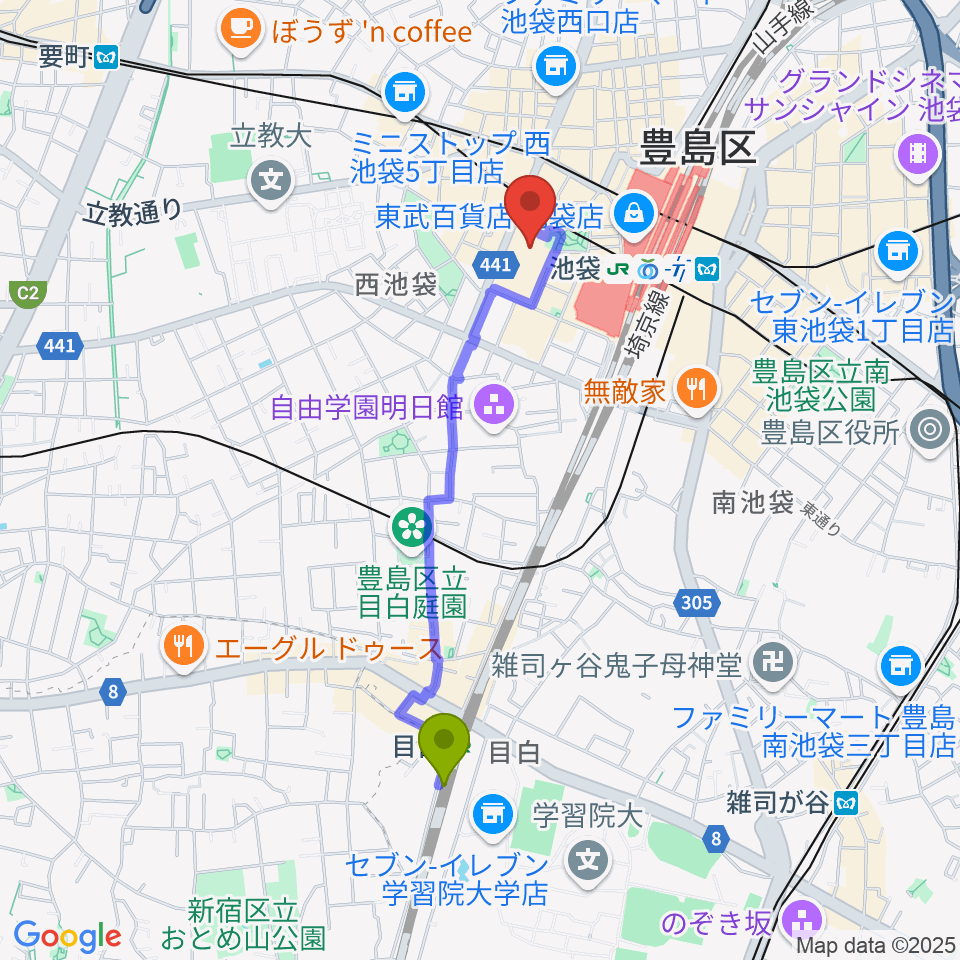 目白駅から東京芸術劇場へのルートマップ地図