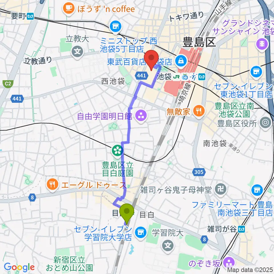 目白駅から東京芸術劇場へのルートマップ地図