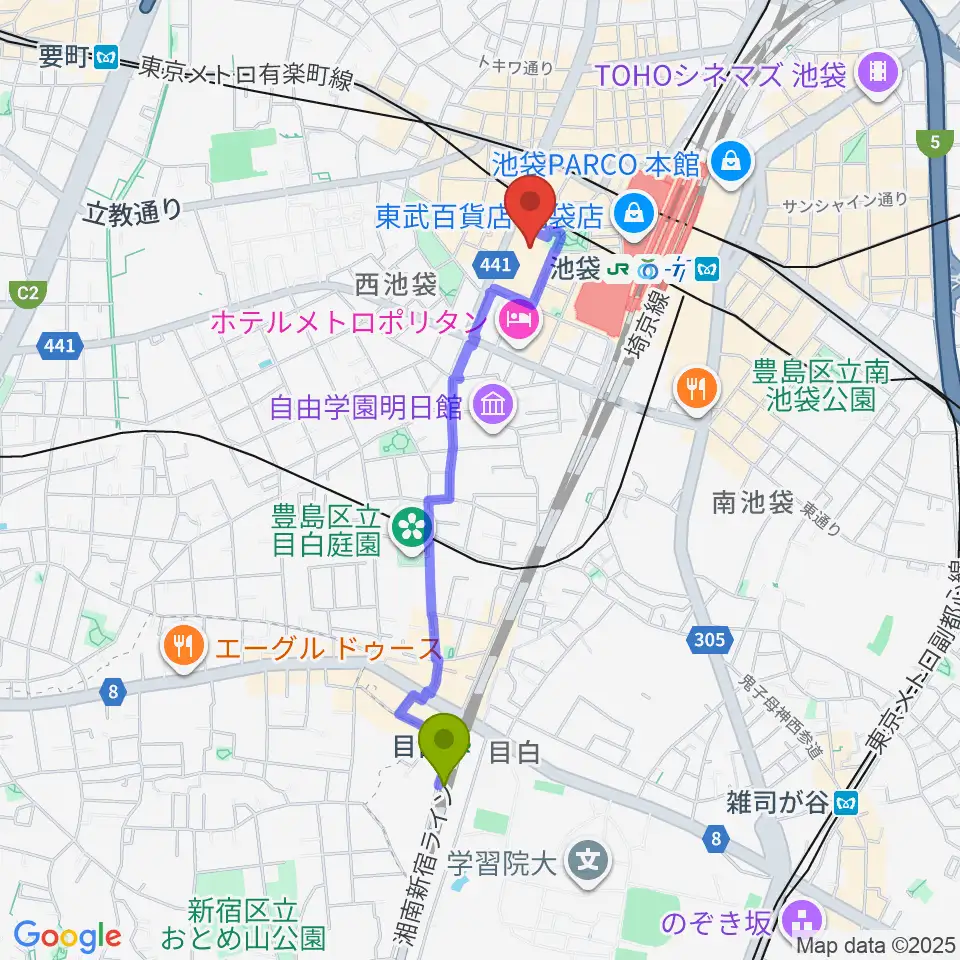 目白駅から東京芸術劇場へのルートマップ地図
