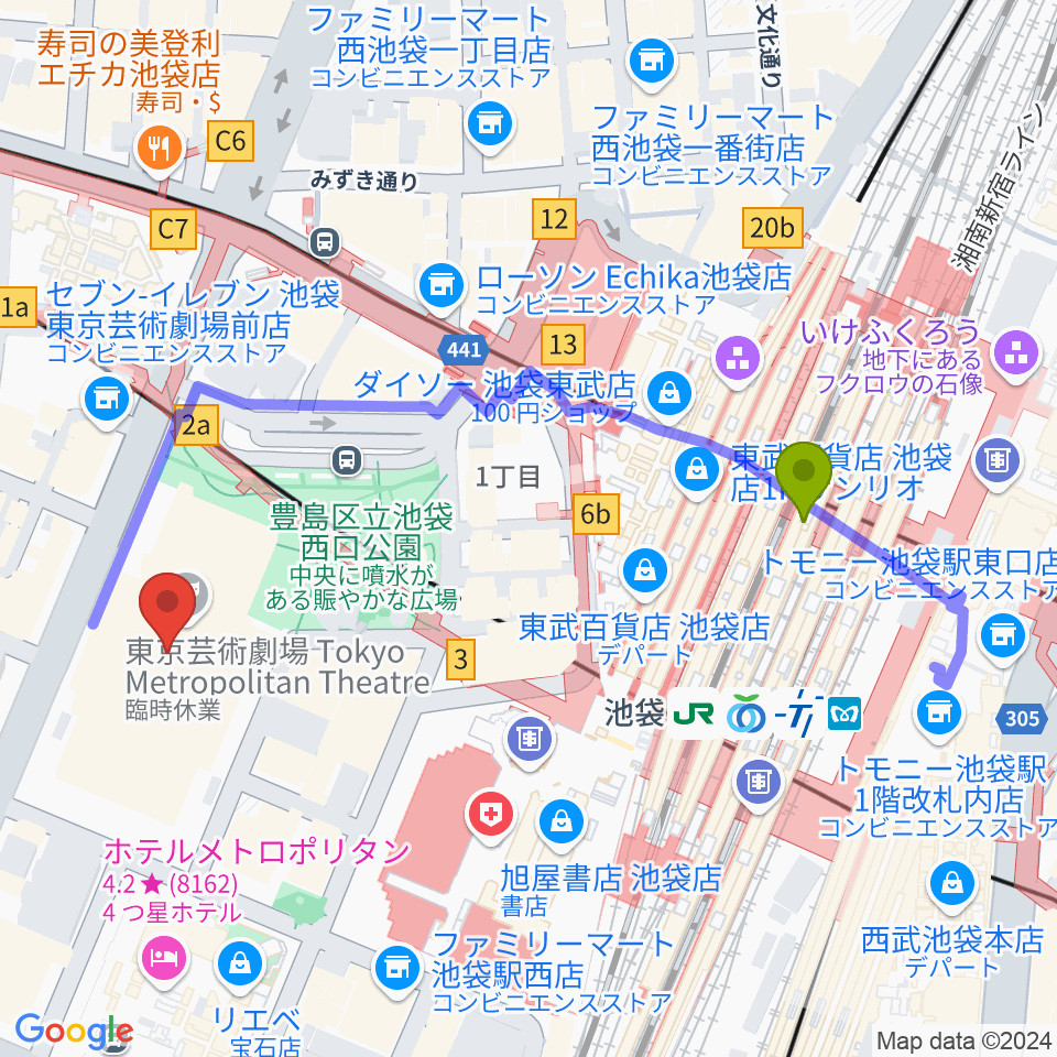 東京芸術劇場の最寄駅池袋駅からの徒歩ルート（約5分）地図