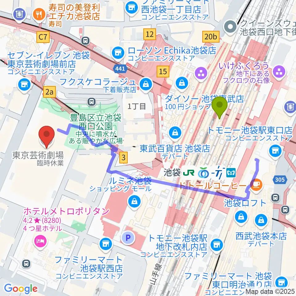 東京芸術劇場の最寄駅池袋駅からの徒歩ルート（約5分）地図