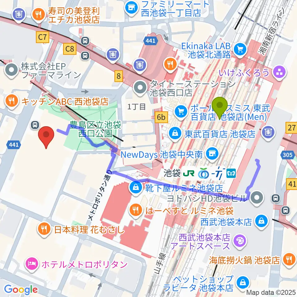 東京芸術劇場の最寄駅池袋駅からの徒歩ルート（約5分）地図