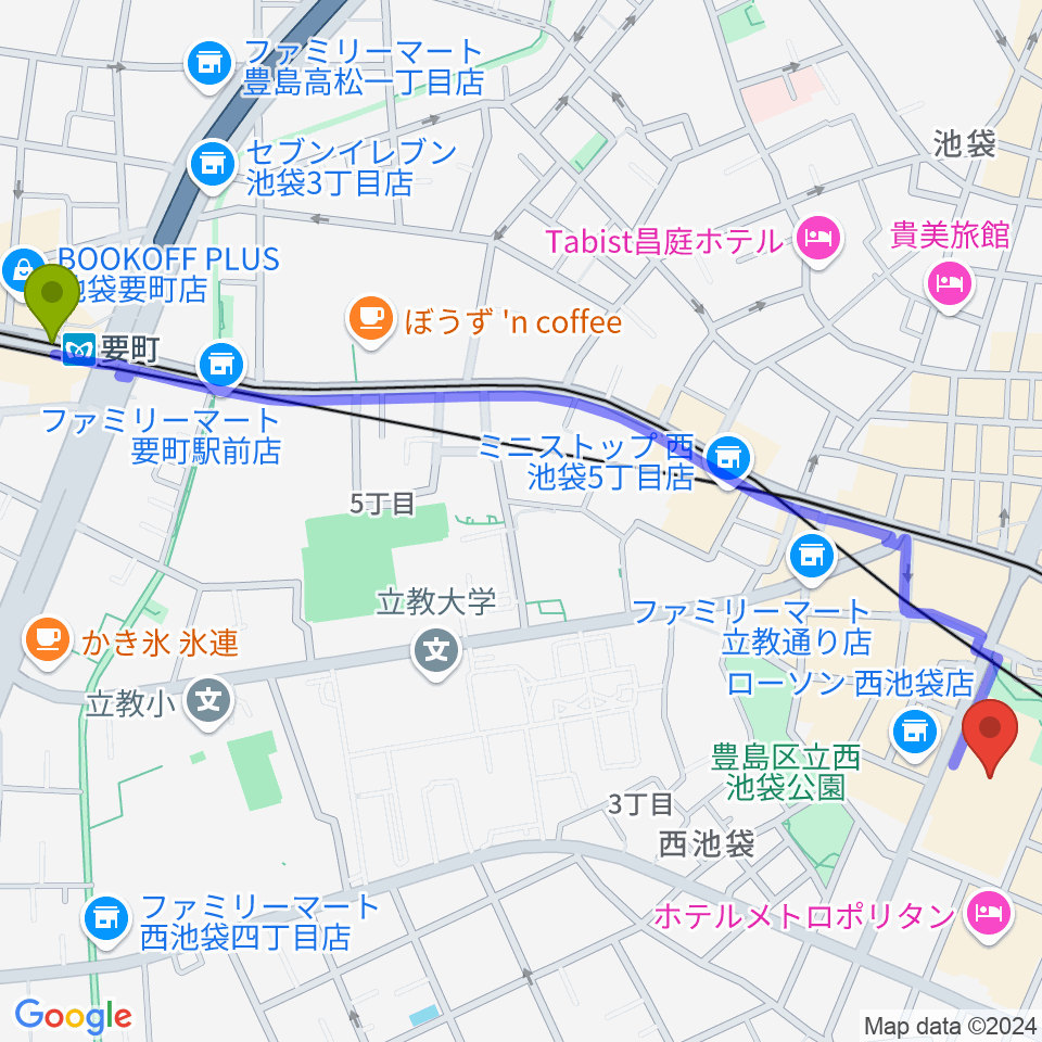 要町駅から東京芸術劇場へのルートマップ地図