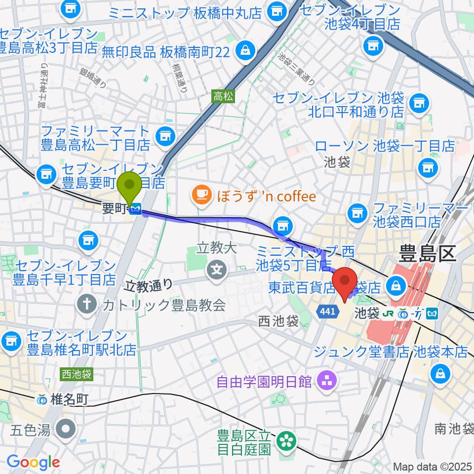 要町駅から東京芸術劇場へのルートマップ地図