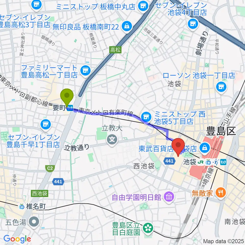 要町駅から東京芸術劇場へのルートマップ地図