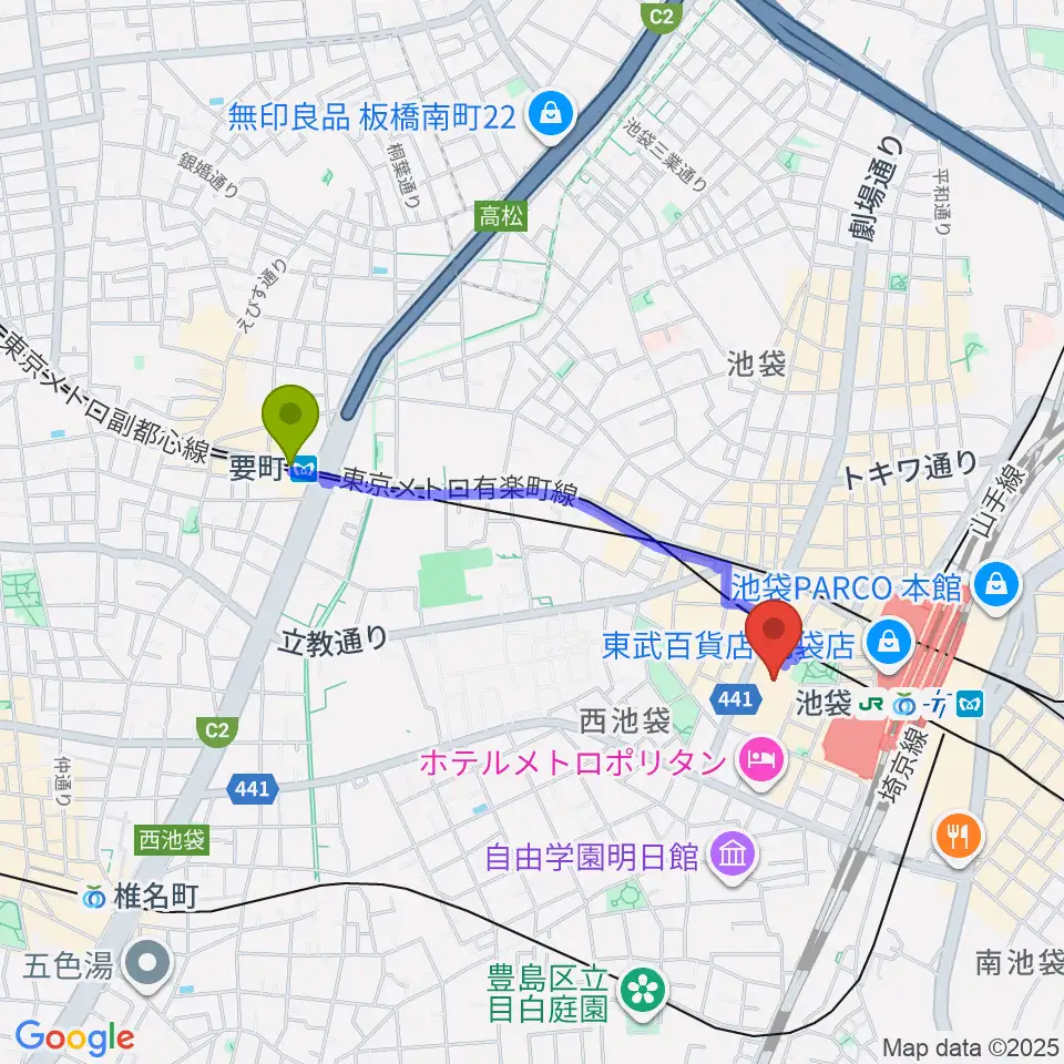 要町駅から東京芸術劇場へのルートマップ地図