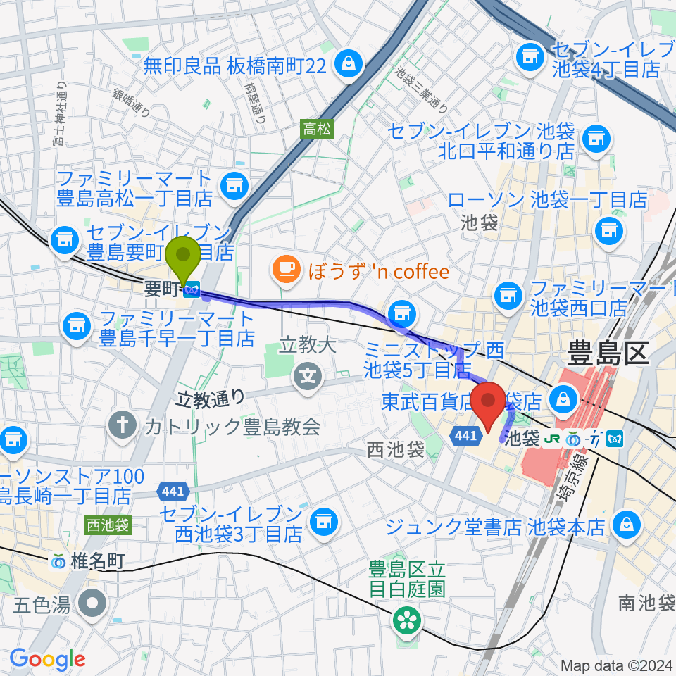 要町駅から東京芸術劇場リハーサルルームへのルートマップ地図