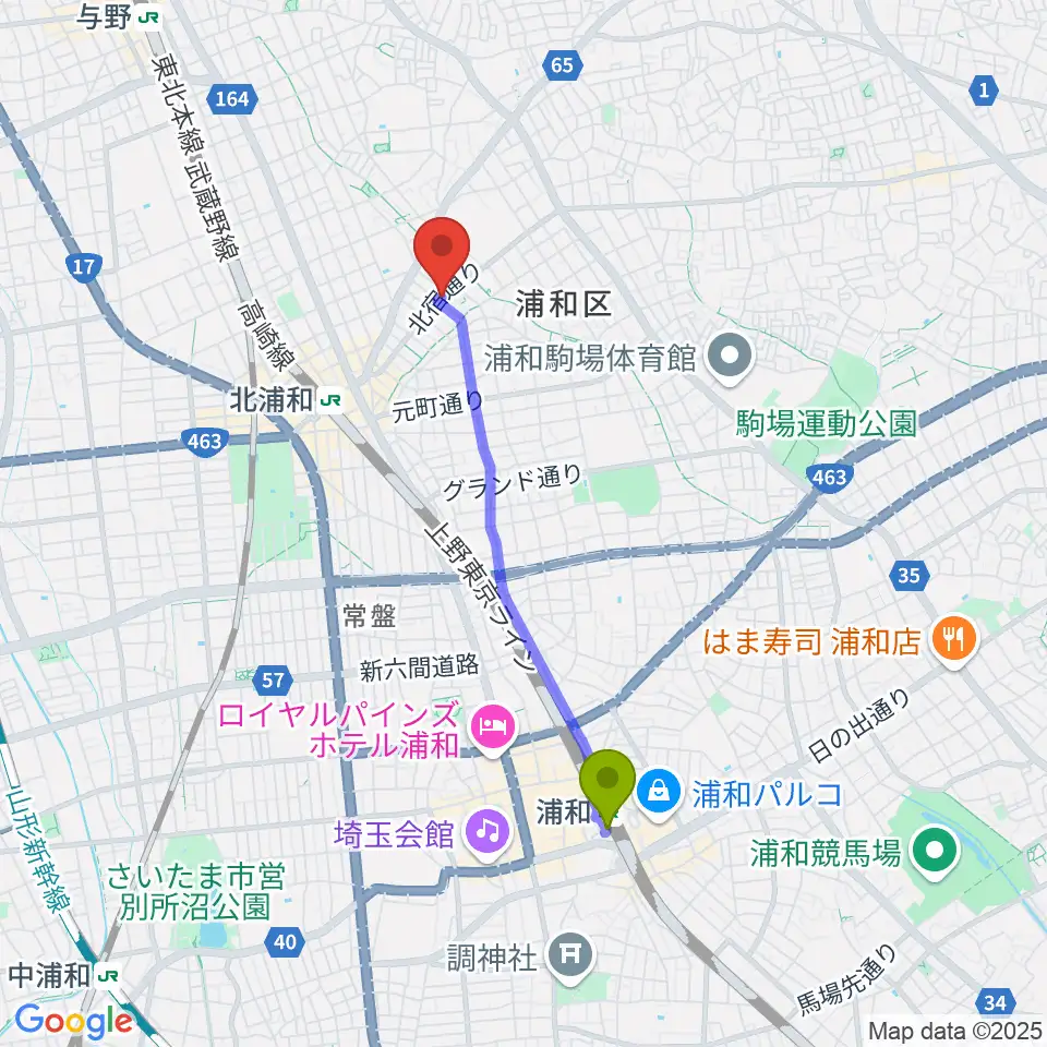浦和駅からアオバ楽器 浦和音楽院へのルートマップ地図