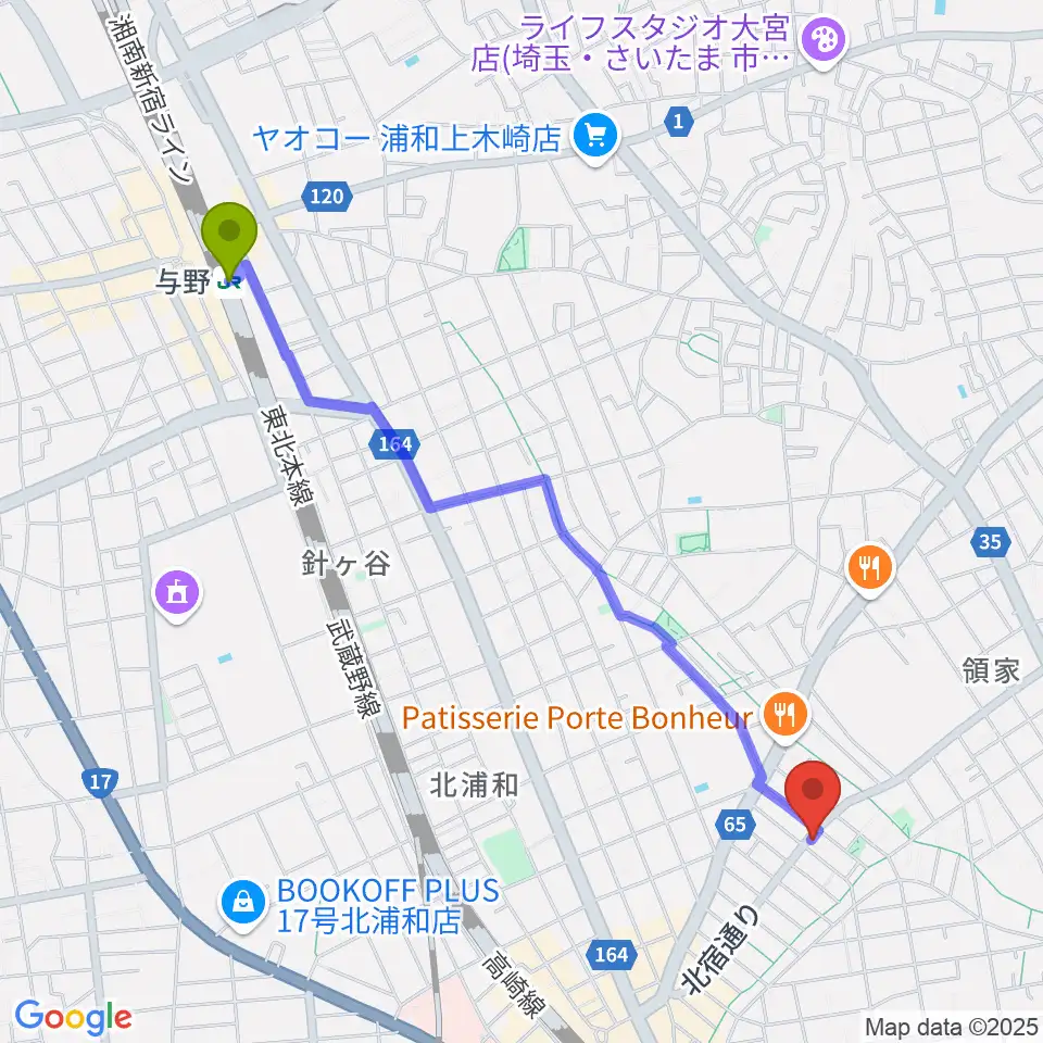与野駅からアオバ楽器 浦和音楽院へのルートマップ地図