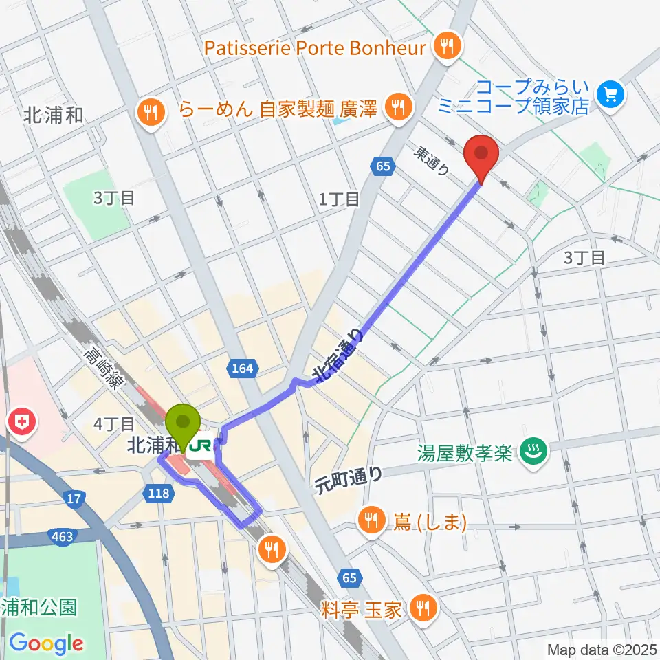 アオバ楽器 浦和音楽院の最寄駅北浦和駅からの徒歩ルート（約9分）地図