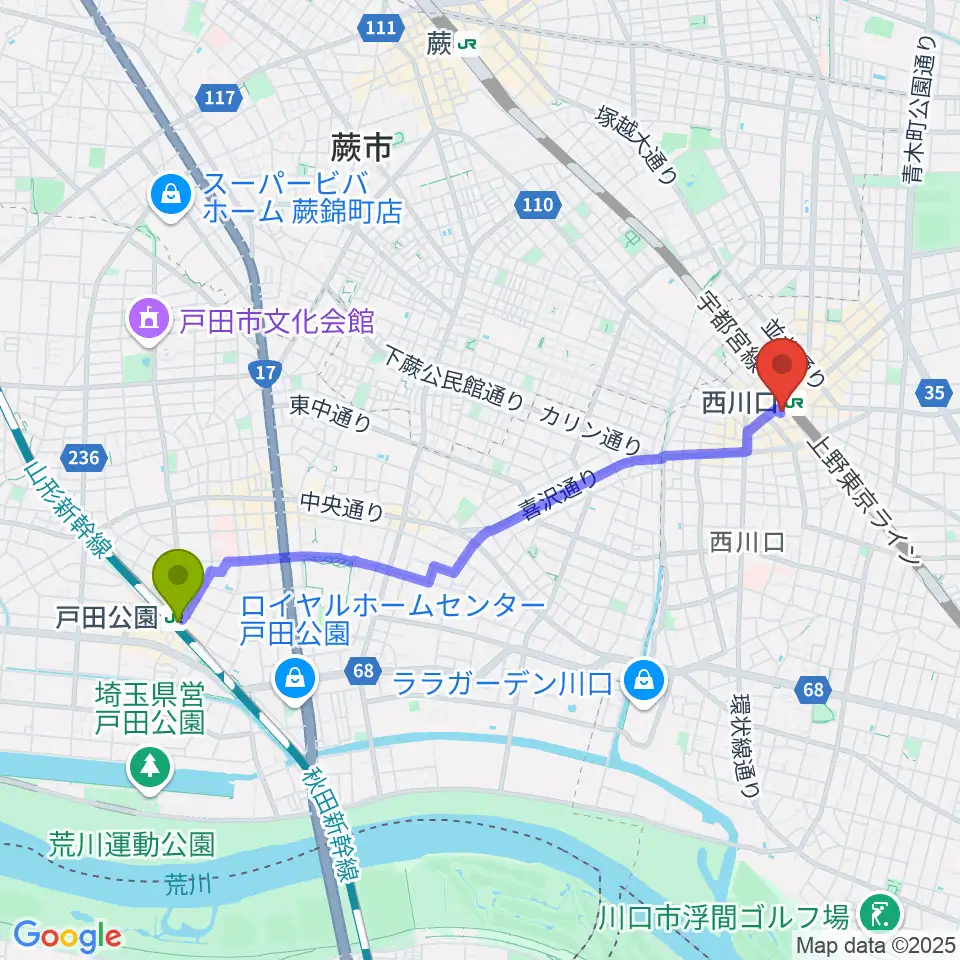 戸田公園駅からアオバ楽器へのルートマップ地図