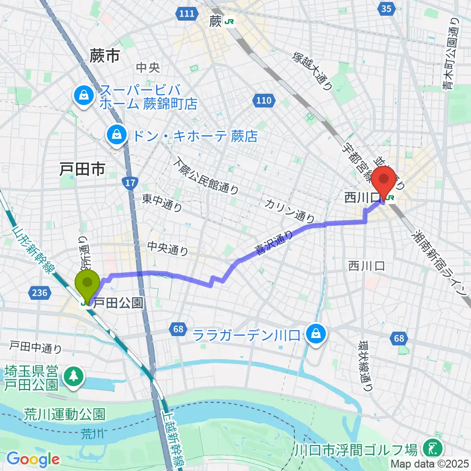戸田公園駅からアオバ楽器へのルートマップ地図