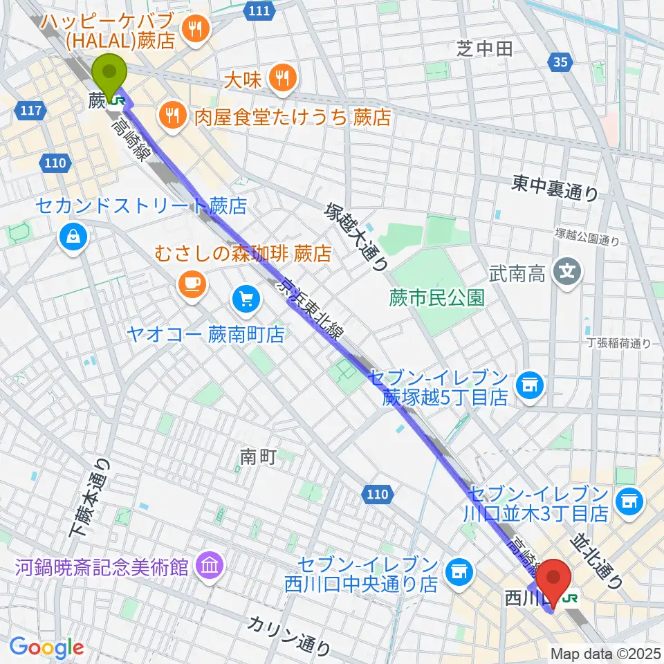 蕨駅からアオバ楽器へのルートマップ地図