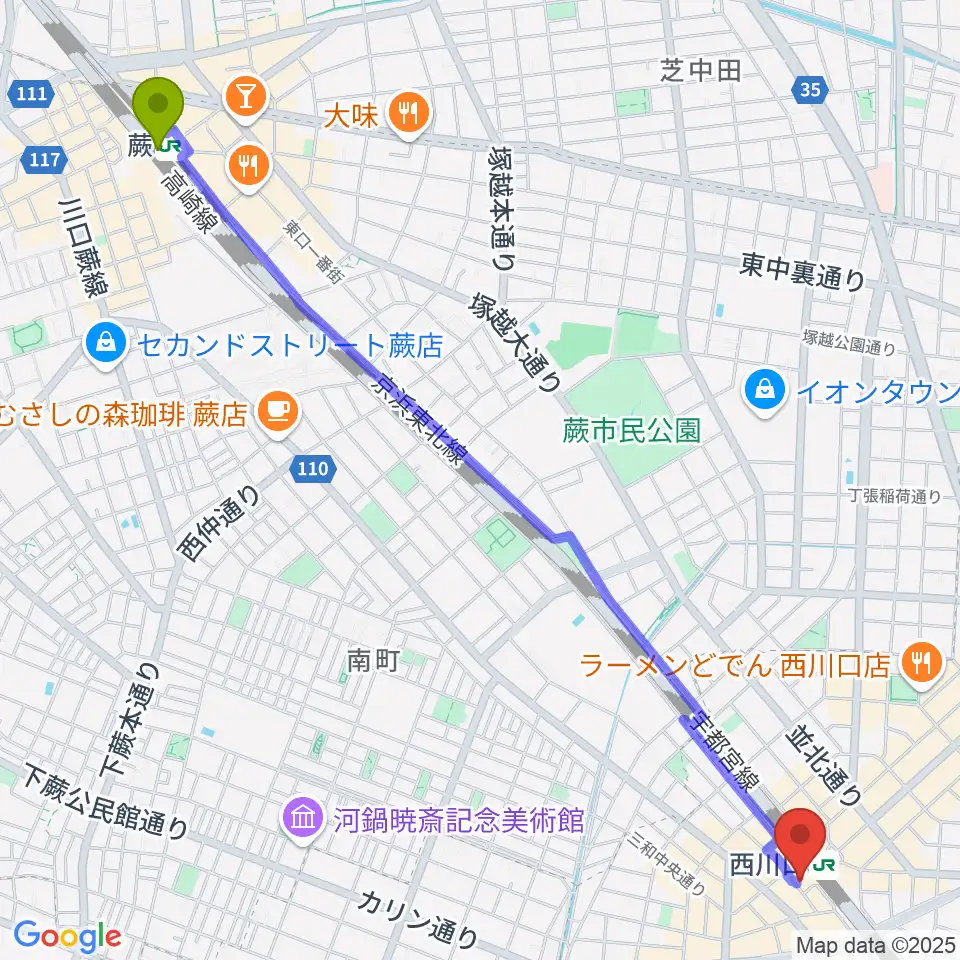 蕨駅からアオバ楽器へのルートマップ地図