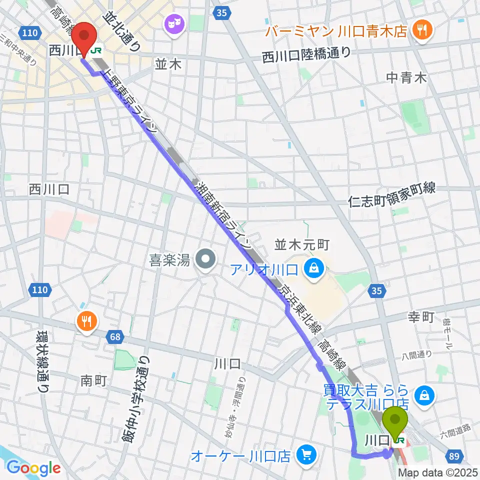 川口駅からアオバ楽器へのルートマップ地図