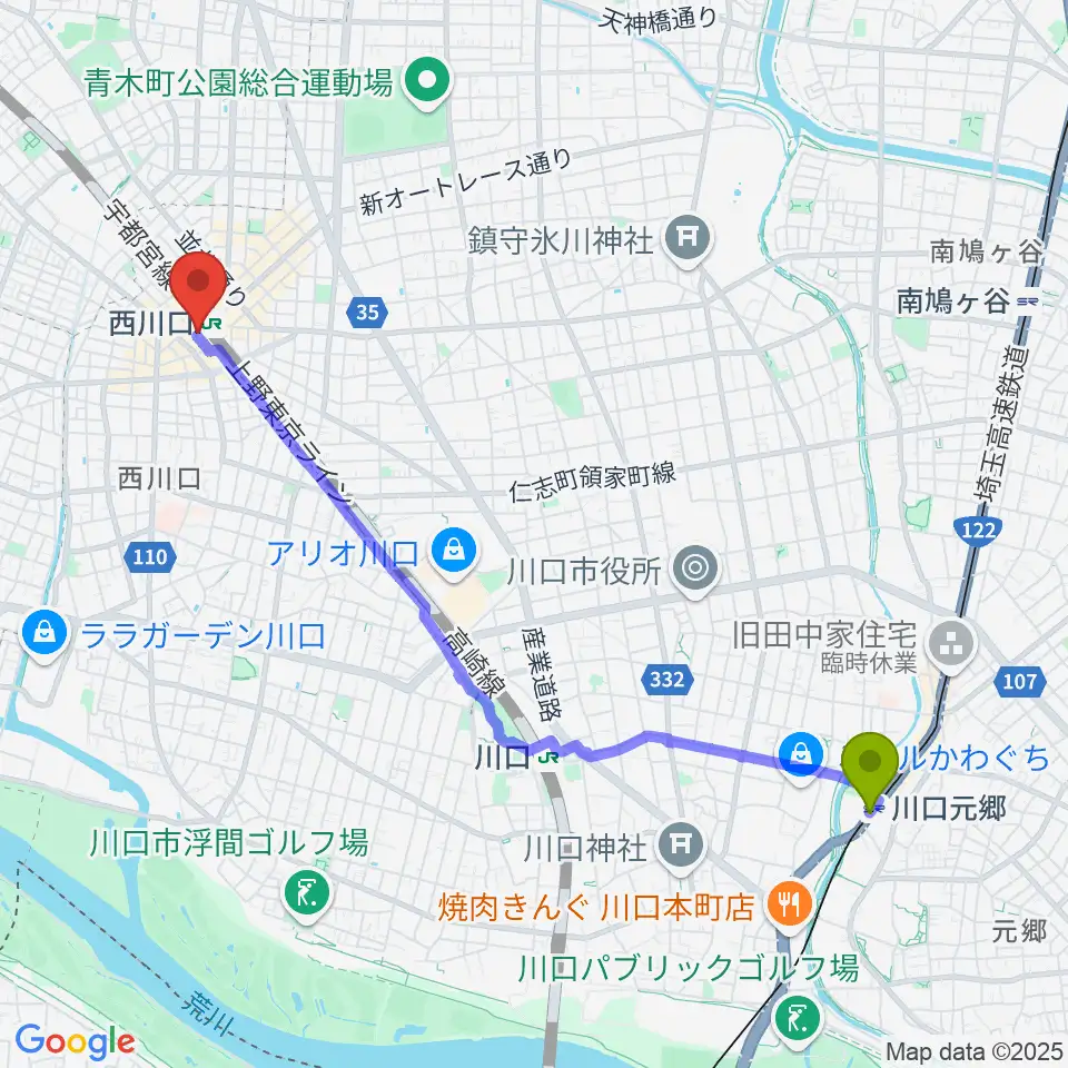 川口元郷駅からアオバ楽器へのルートマップ地図