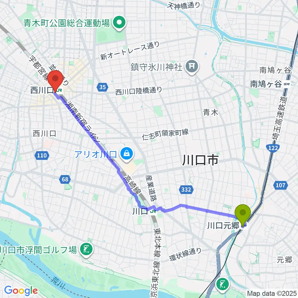 川口元郷駅からアオバ楽器へのルートマップ地図