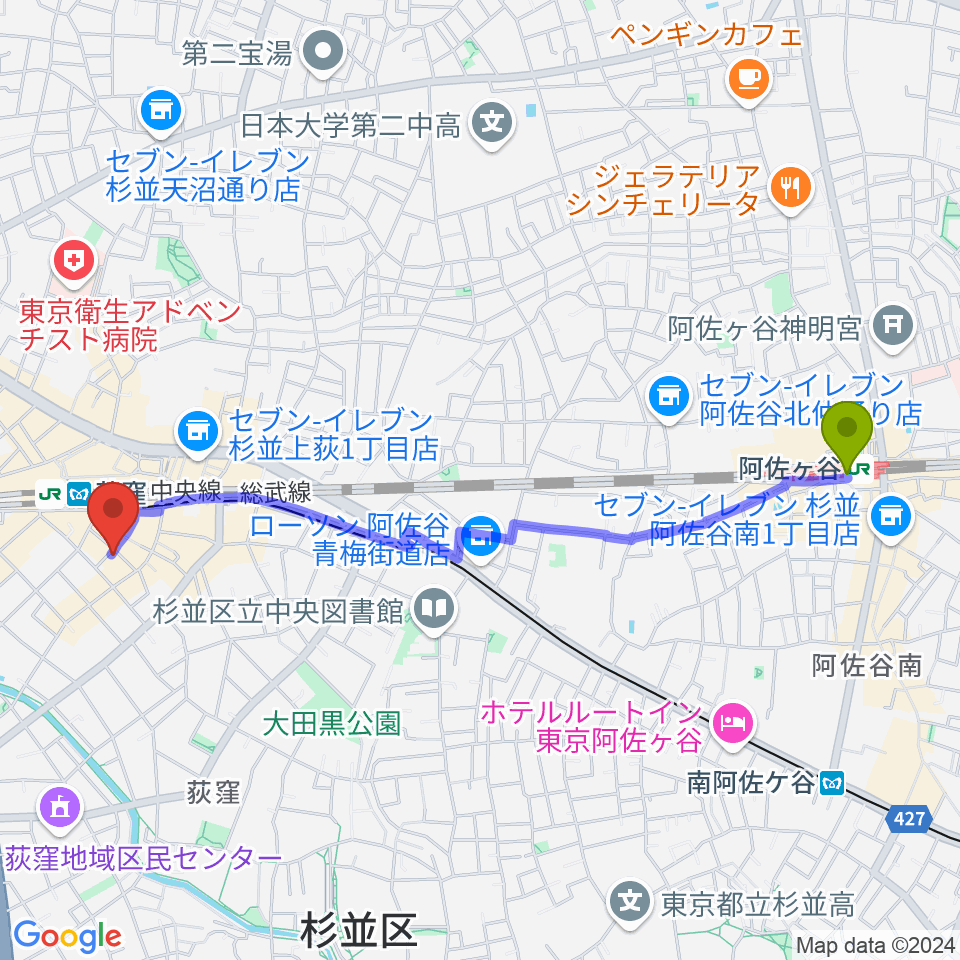 阿佐ケ谷駅からクレモニア・スタジオへのルートマップ地図