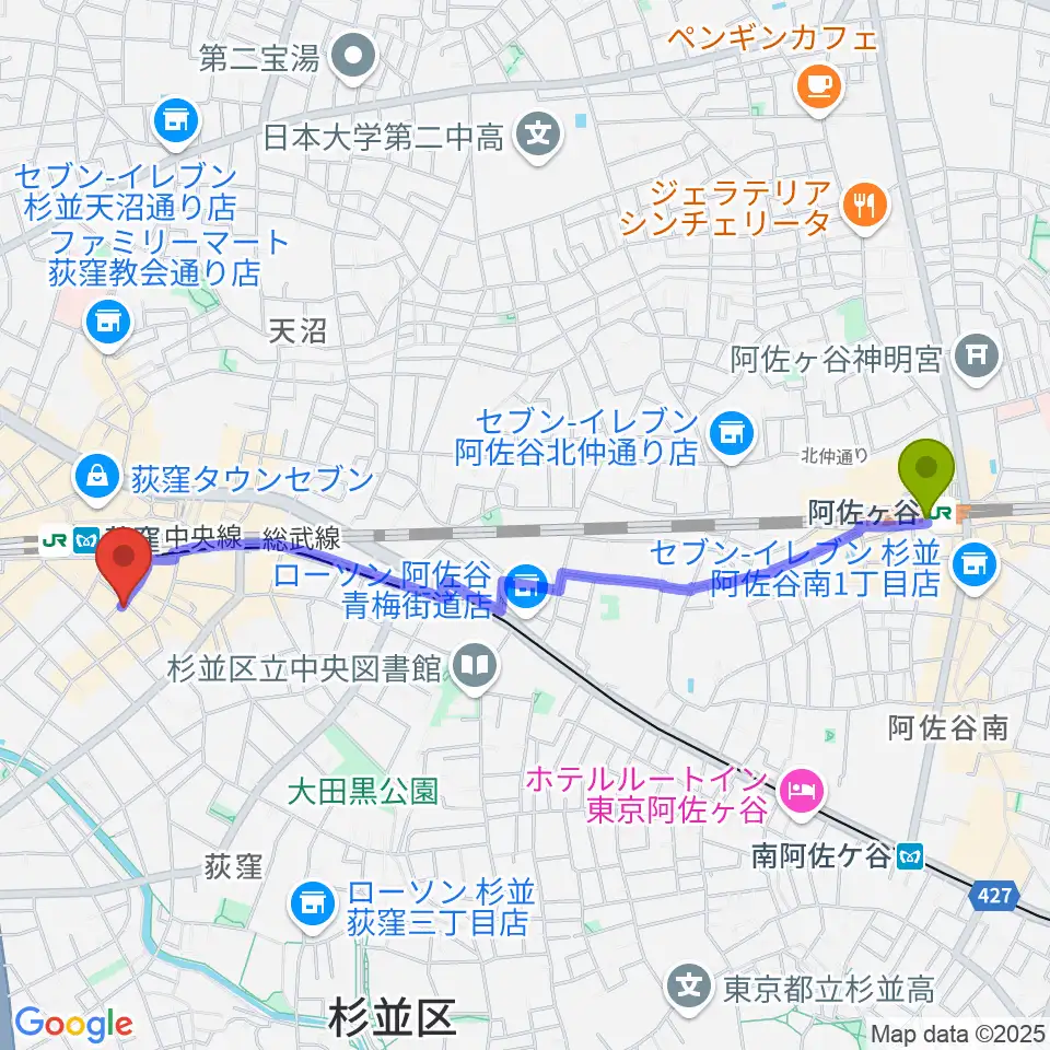 阿佐ケ谷駅からクレモニア・スタジオへのルートマップ地図