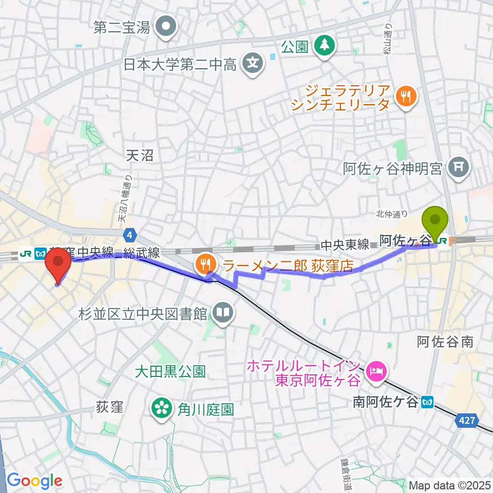 阿佐ケ谷駅からクレモニア・スタジオへのルートマップ地図