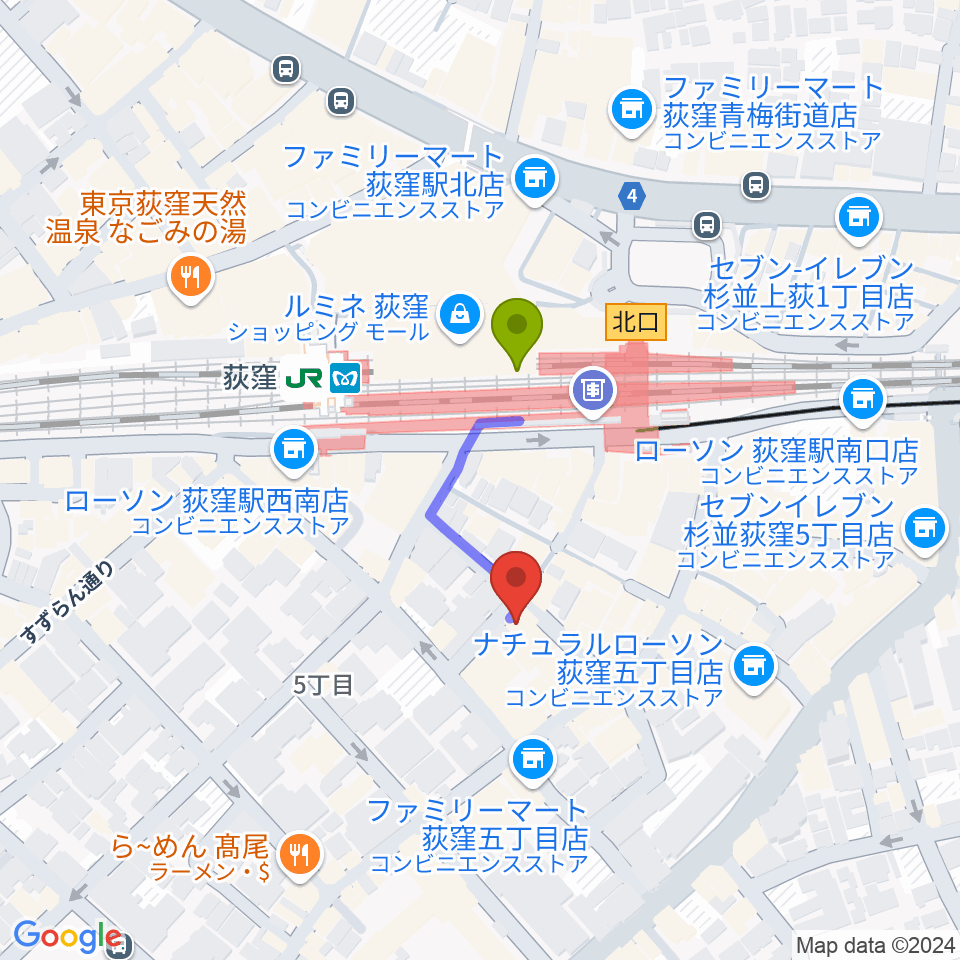 クレモニア・スタジオの最寄駅荻窪駅からの徒歩ルート（約2分）地図