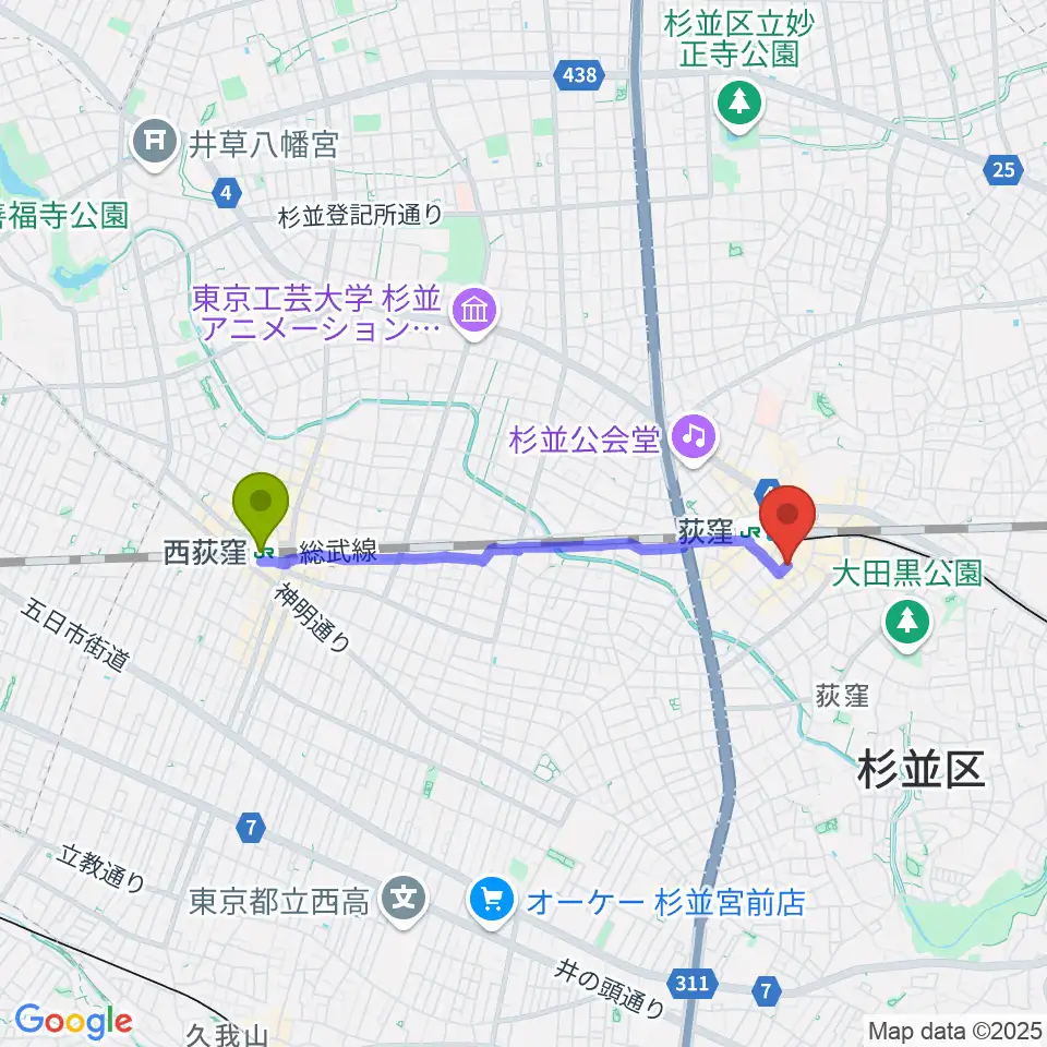西荻窪駅からクレモニア・スタジオへのルートマップ地図