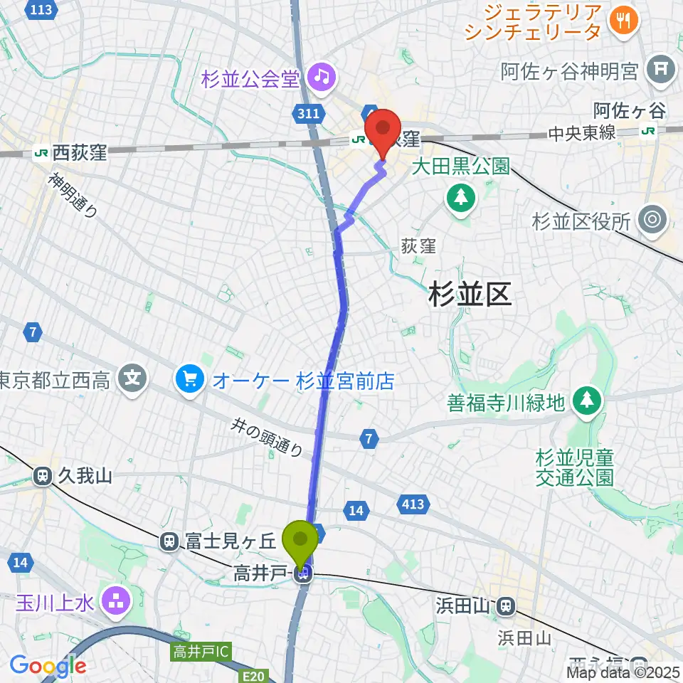 高井戸駅からクレモニア・スタジオへのルートマップ地図