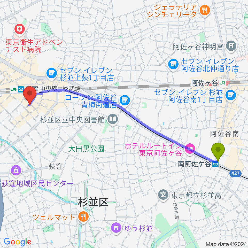 南阿佐ケ谷駅からクレモニア・スタジオへのルートマップ地図