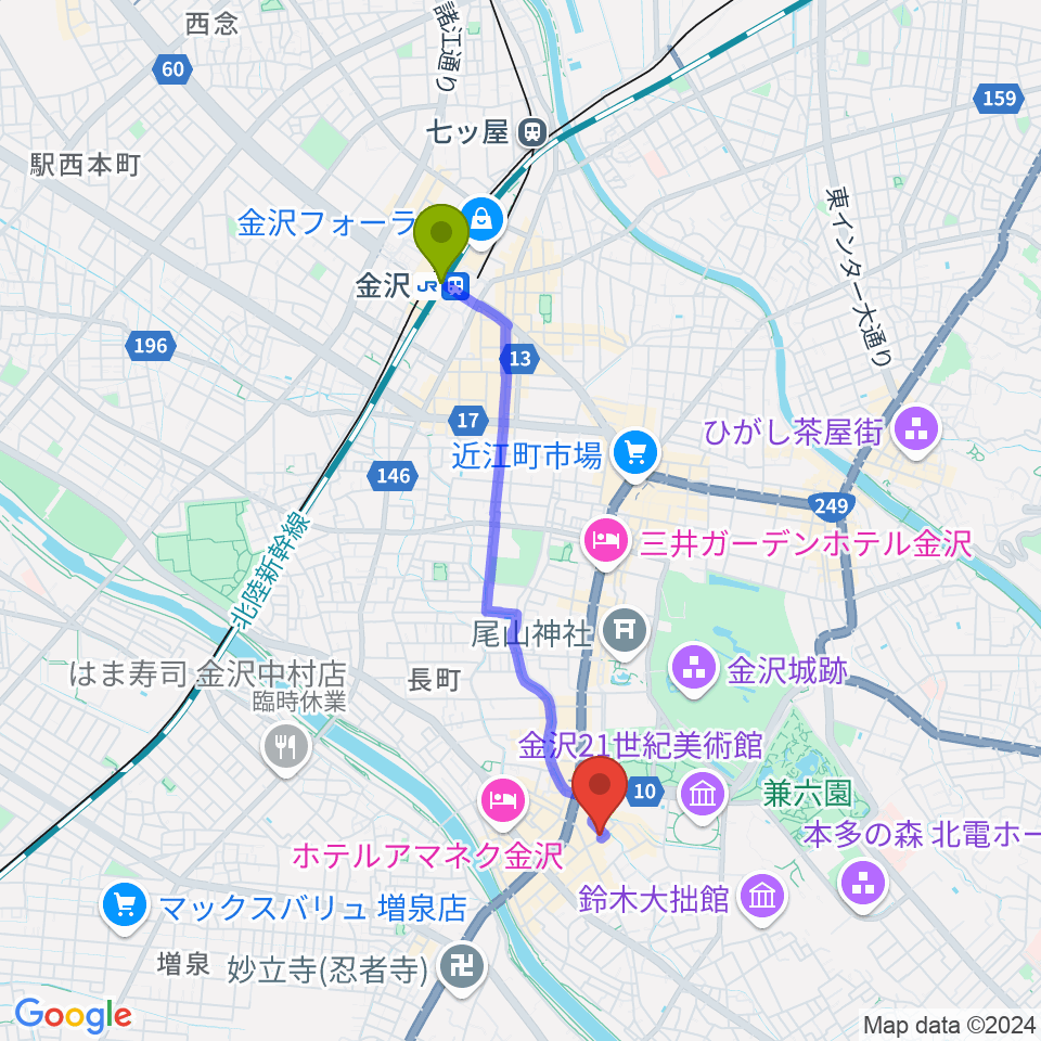 金沢駅からBIGBOSS金沢へのルートマップ地図